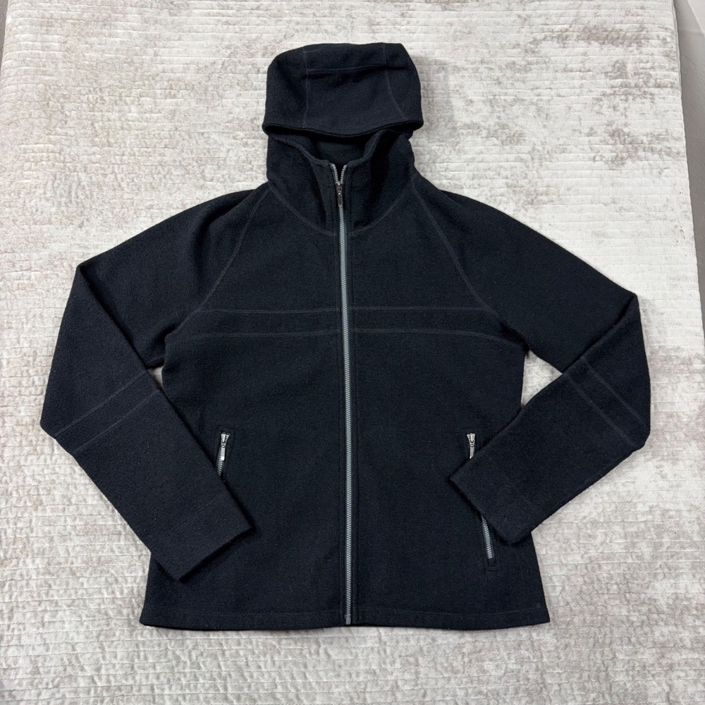 Ibex Merino Wool Full Zip Hoodie Black Womens M Mid Layer Jacket Made in USA